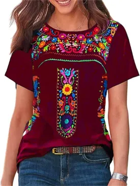 Womens Mexican Embroidered Tops Short Sleeve Fiesta Shirts Floral Peasant Blouses