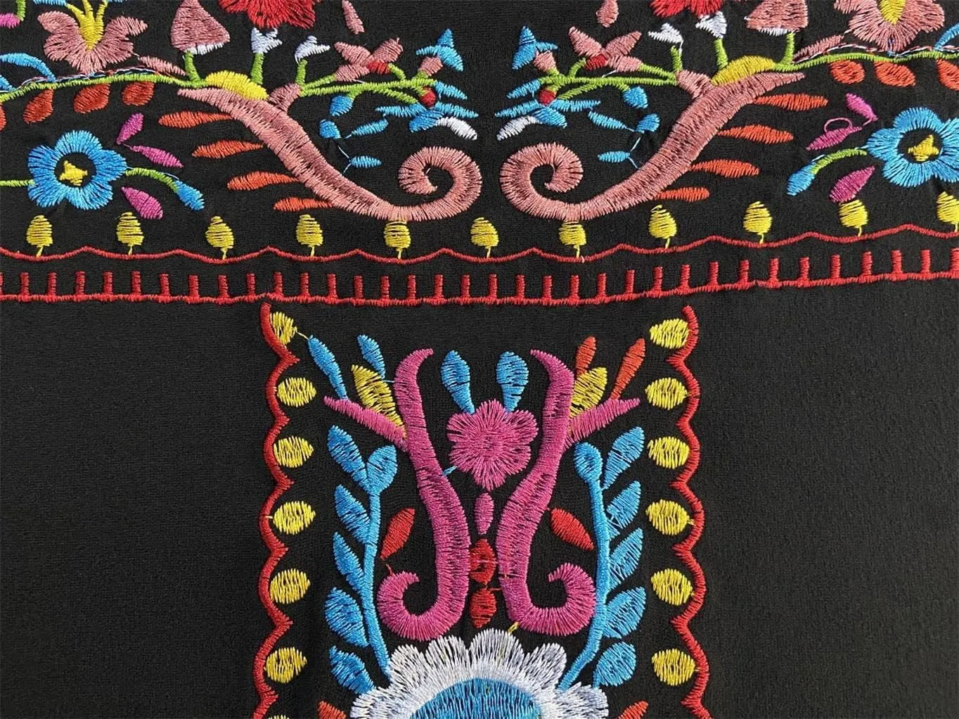 Womens Mexican Embroidered Tops Short Sleeve Fiesta Shirts Floral Peasant Blouses