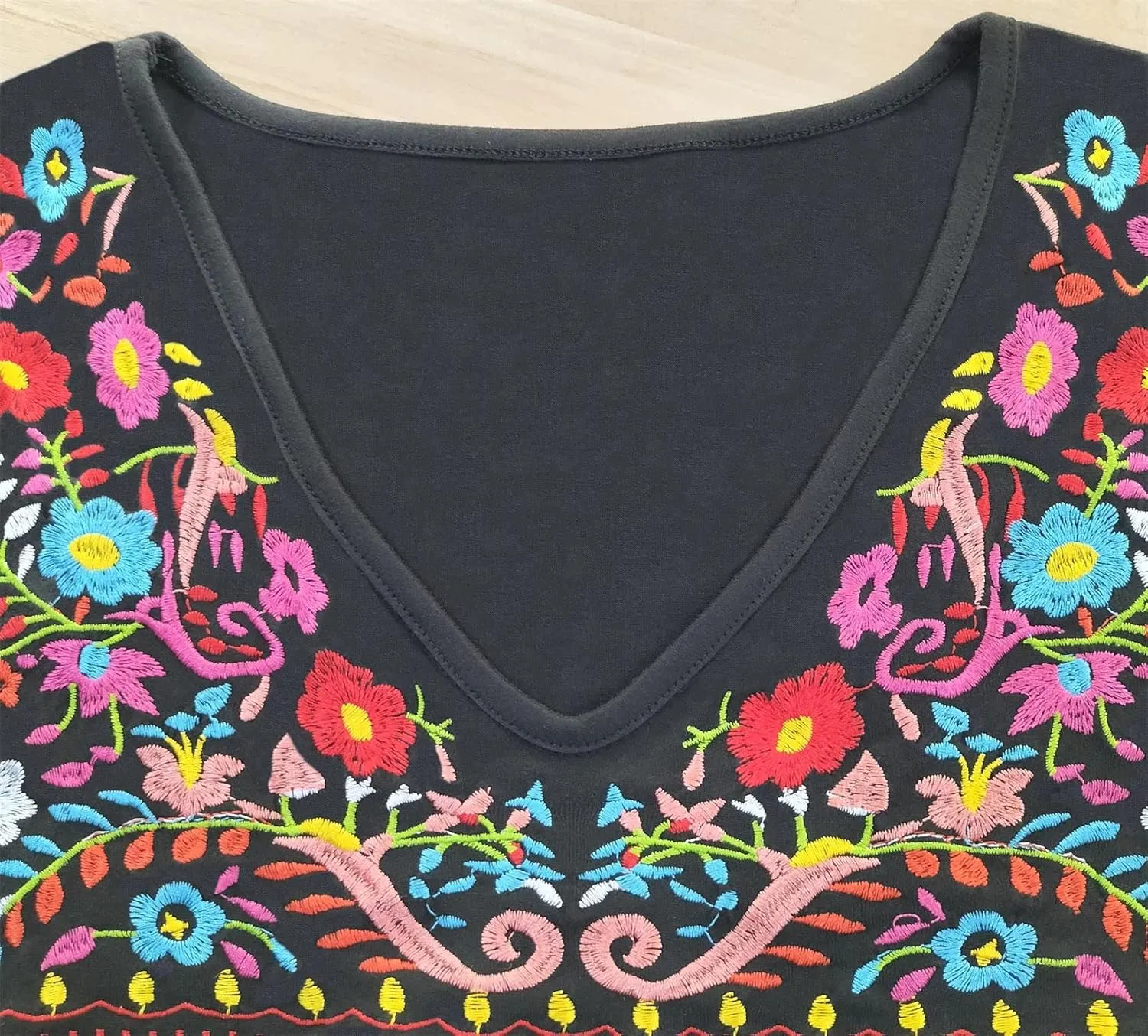Womens Mexican Embroidered Tops Short Sleeve Fiesta Shirts Floral Peasant Blouses