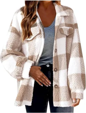 Womens Plaid Shacket Jacket Oversized Jackets Fleece Button Cardigan Trendy Plaid Outwear Warm Coat Outfits Clothes