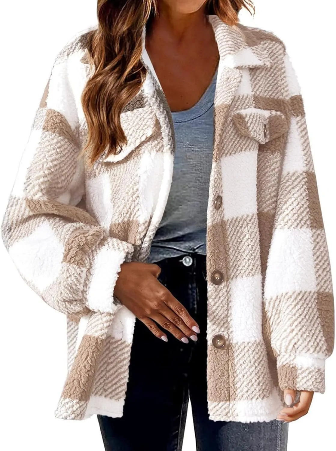 Womens Plaid Shacket Jacket Oversized Jackets Fleece Button Cardigan Trendy Plaid Outwear Warm Coat Outfits Clothes