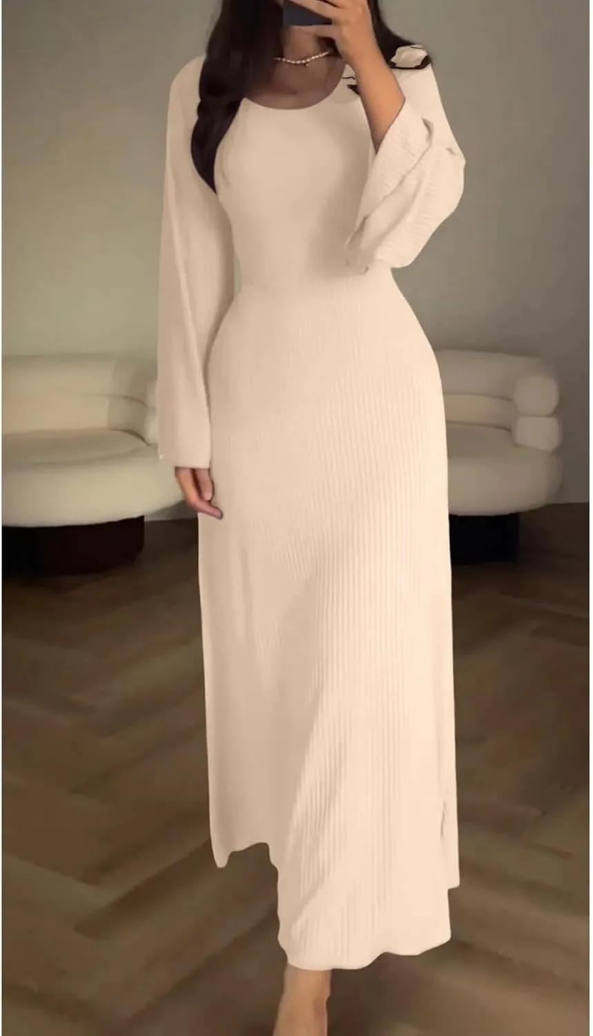 Womens Ribbed Knit Bell Long Sleeve Maxi Sweater Dress Casual Round Neck High Waist Plain Bodycon Pleated Long Dress