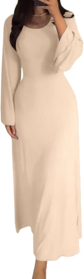 Womens Ribbed Knit Bell Long Sleeve Maxi Sweater Dress Casual Round Neck High Waist Plain Bodycon Pleated Long Dress
