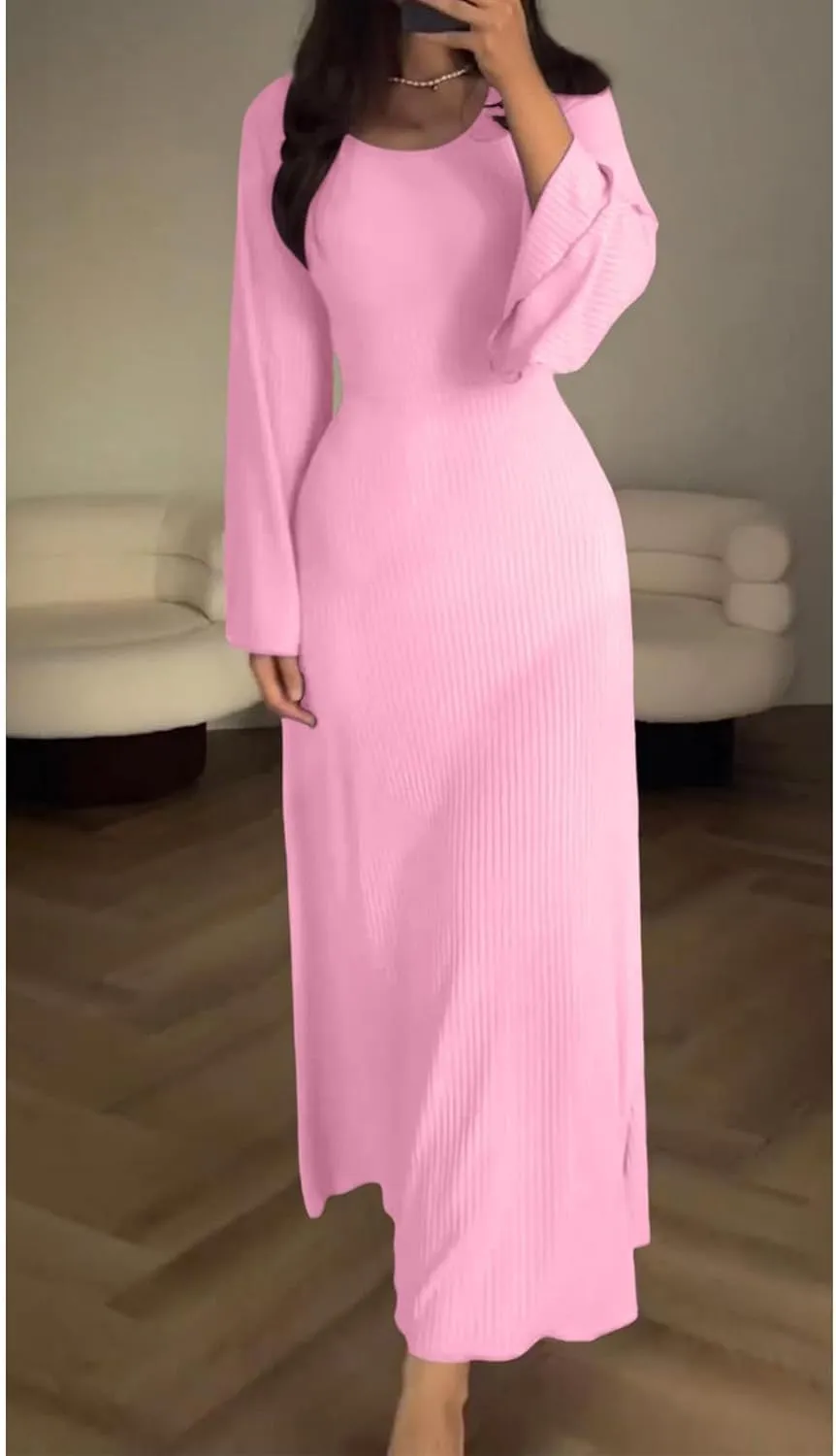 Womens Ribbed Knit Bell Long Sleeve Maxi Sweater Dress Casual Round Neck High Waist Plain Bodycon Pleated Long Dress