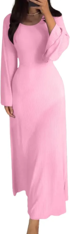 Womens Ribbed Knit Bell Long Sleeve Maxi Sweater Dress Casual Round Neck High Waist Plain Bodycon Pleated Long Dress