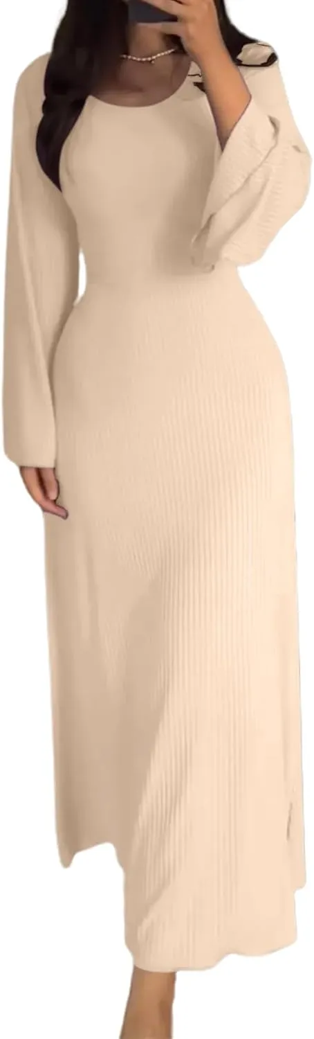 Womens Ribbed Knit Bell Long Sleeve Maxi Sweater Dress Casual Round Neck High Waist Plain Bodycon Pleated Long Dress