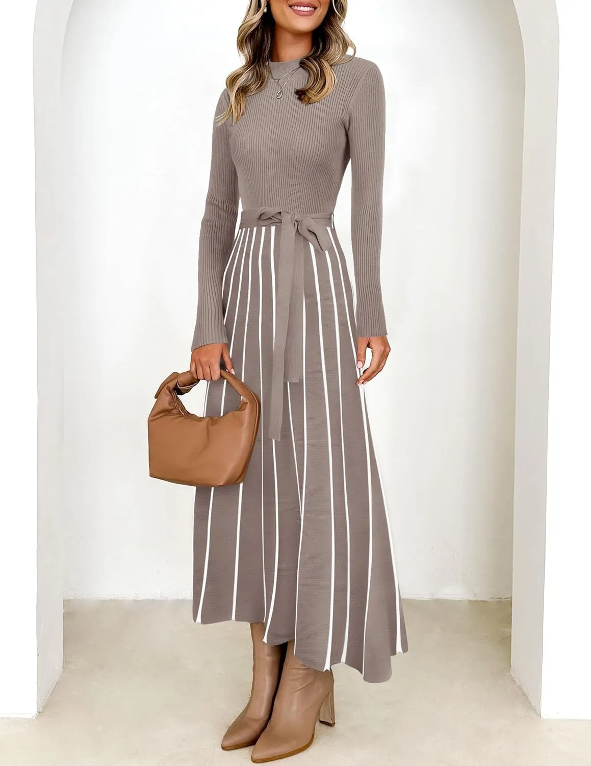 Womens Spring Turtleneck Long Sleeve Sweater Dress Tie Waist Casual Loose Ribbed Knit A Line Midi Dresses