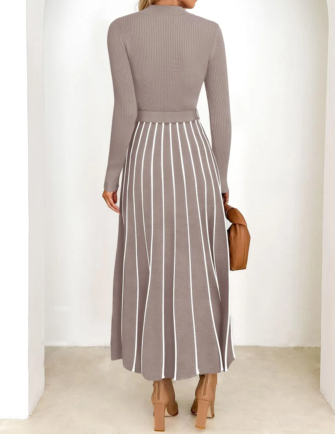 Womens Spring Turtleneck Long Sleeve Sweater Dress Tie Waist Casual Loose Ribbed Knit A Line Midi Dresses