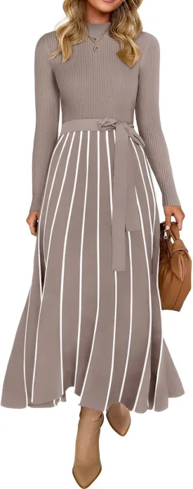 Womens Spring Turtleneck Long Sleeve Sweater Dress Tie Waist Casual Loose Ribbed Knit A Line Midi Dresses