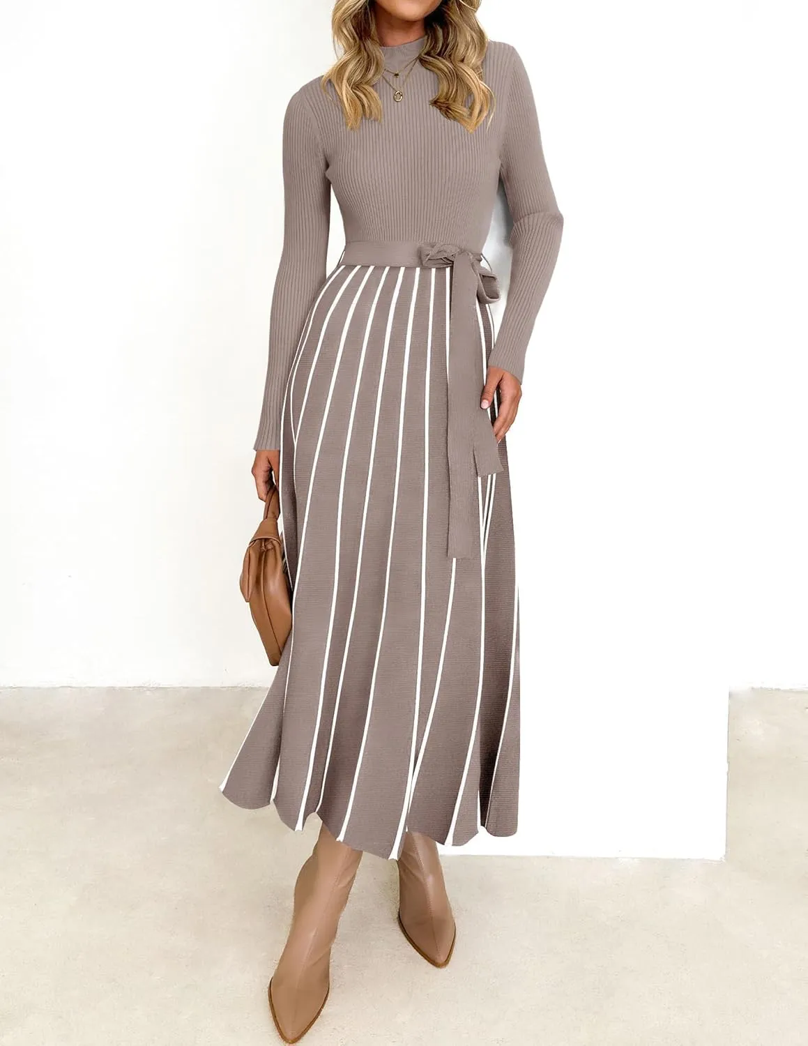 Womens Spring Turtleneck Long Sleeve Sweater Dress Tie Waist Casual Loose Ribbed Knit A Line Midi Dresses