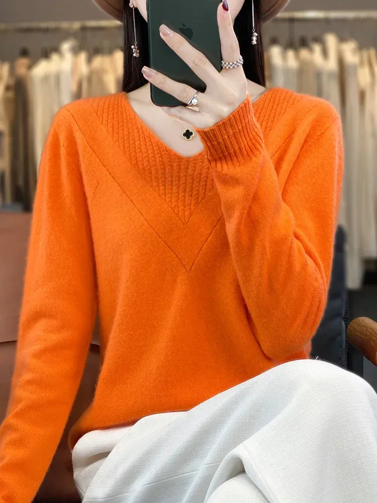 Women's V-neck Pullover Sweater Merino Wool