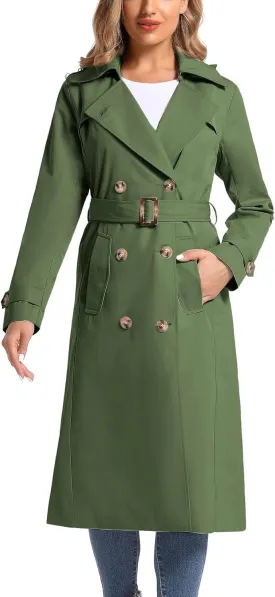 Women's Waterproof Long Trench Coat Double Breasted Length Classic Lapel Belt Coat With Removable Hood