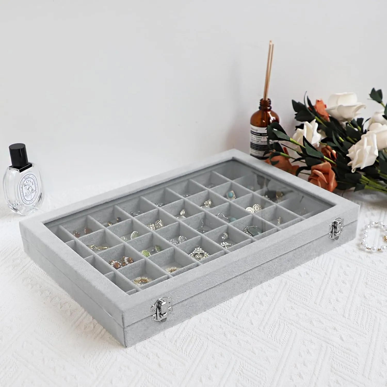 Wudygirl Jewelry Organizer Velvet Jewelry Box 40 Grid Earring Holder Organizer with Lid Ring Holder Ring Display Case Adjustable (Gray)