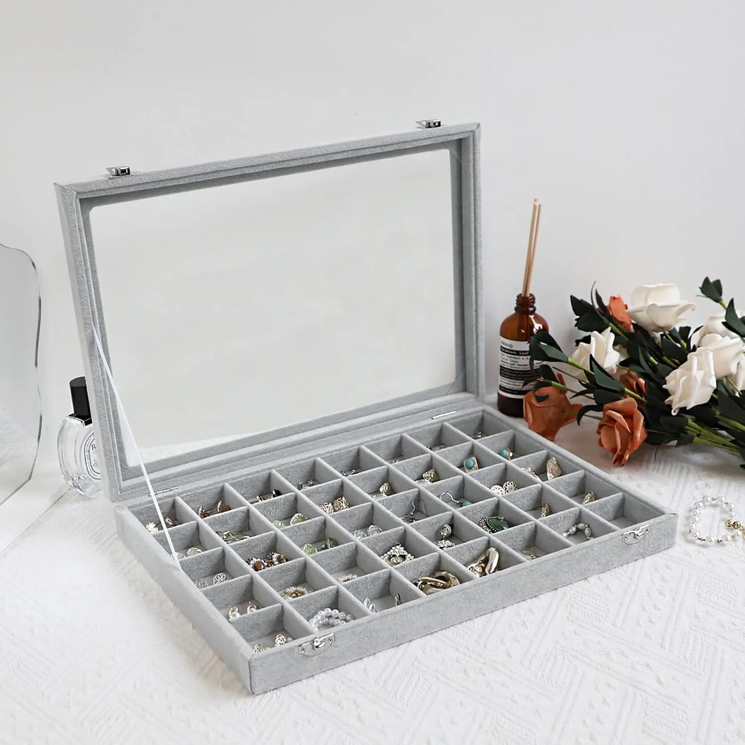 Wudygirl Jewelry Organizer Velvet Jewelry Box 40 Grid Earring Holder Organizer with Lid Ring Holder Ring Display Case Adjustable (Gray)