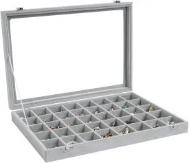 Wudygirl Jewelry Organizer Velvet Jewelry Box 40 Grid Earring Holder Organizer with Lid Ring Holder Ring Display Case Adjustable (Gray)