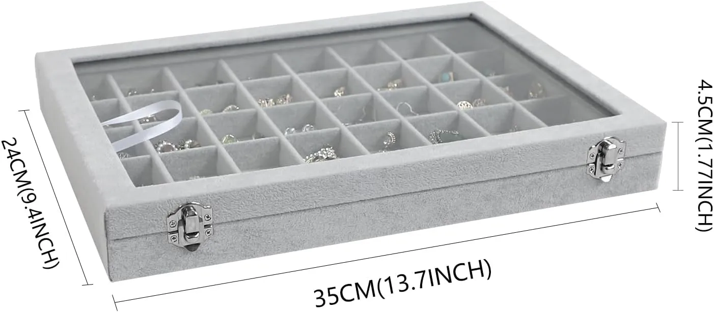 Wudygirl Jewelry Organizer Velvet Jewelry Box 40 Grid Earring Holder Organizer with Lid Ring Holder Ring Display Case Adjustable (Gray)