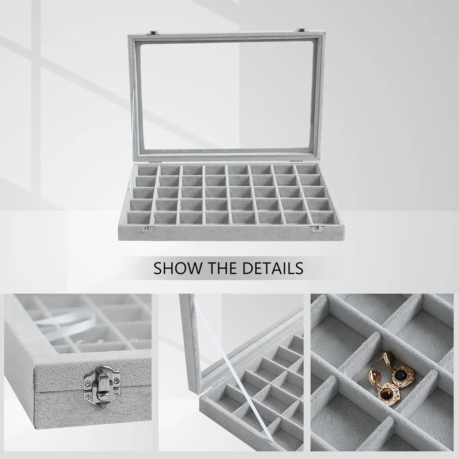 Wudygirl Jewelry Organizer Velvet Jewelry Box 40 Grid Earring Holder Organizer with Lid Ring Holder Ring Display Case Adjustable (Gray)