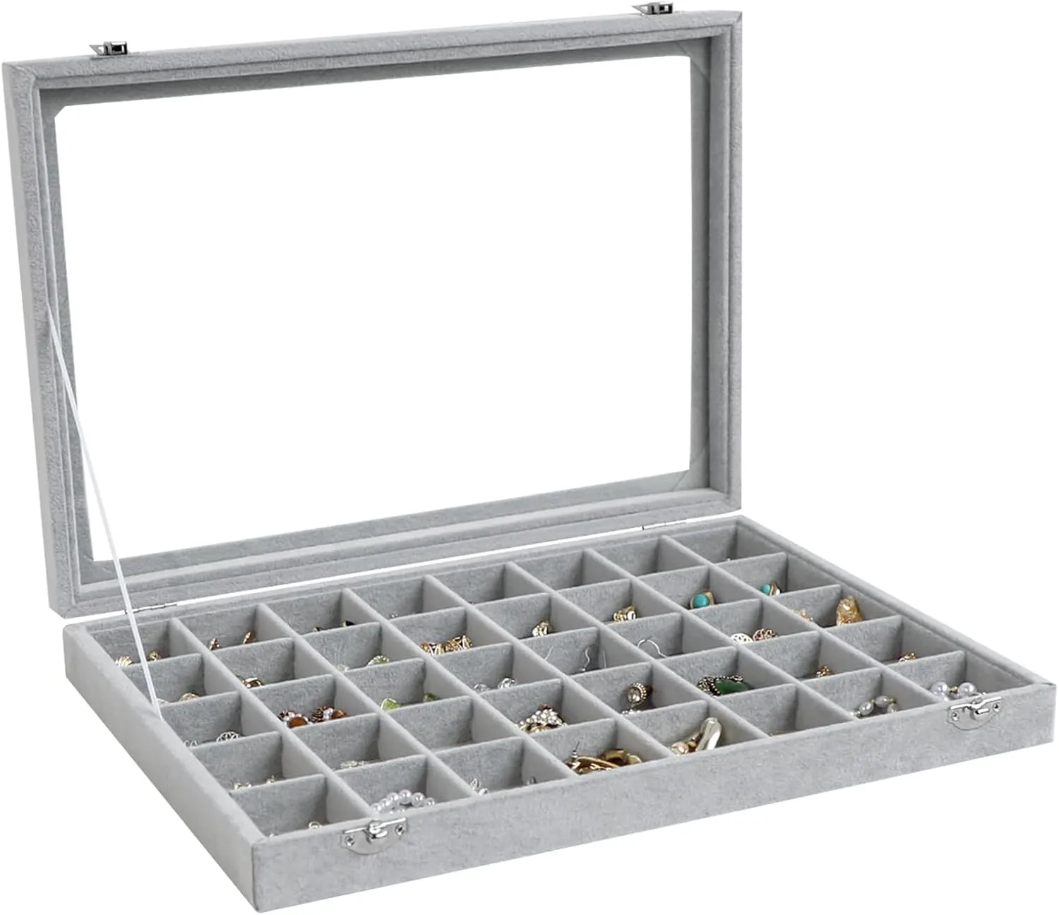 Wudygirl Jewelry Organizer Velvet Jewelry Box 40 Grid Earring Holder Organizer with Lid Ring Holder Ring Display Case Adjustable (Gray)