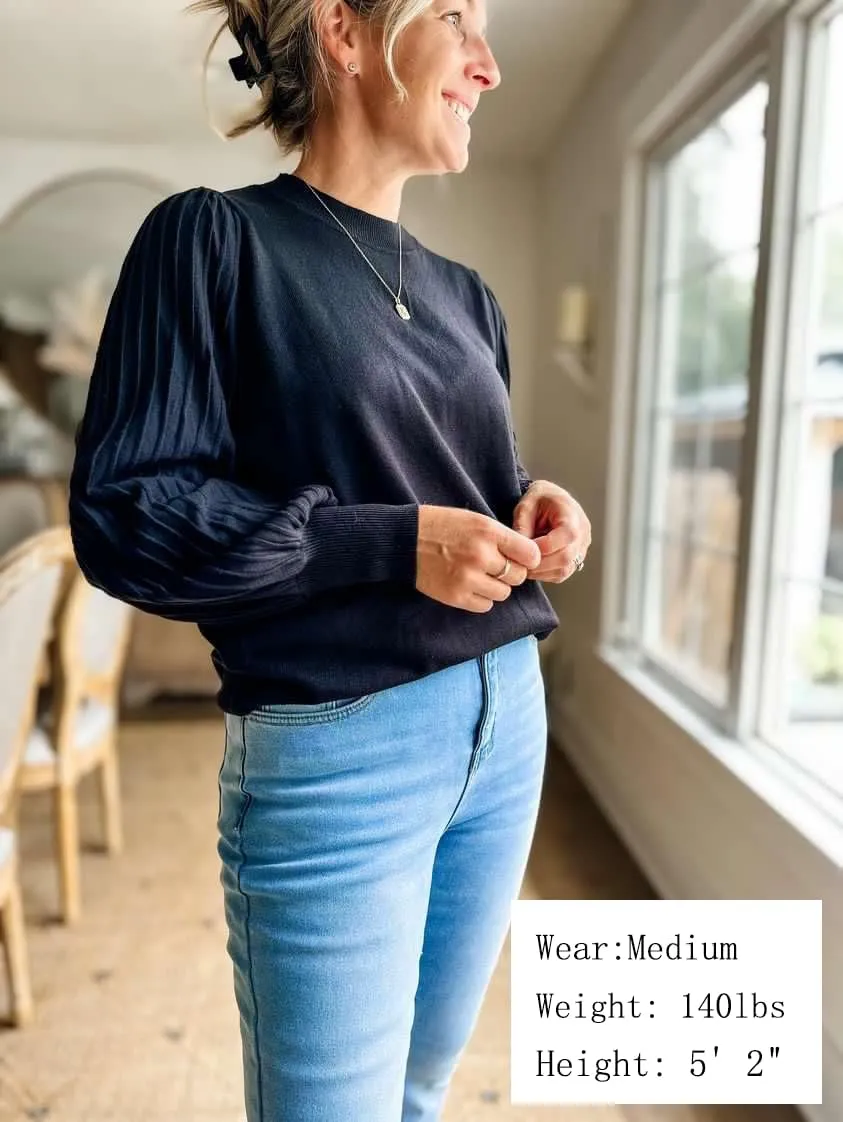 Ybenlow Women's 2024 Casual Crewneck Pleated Lantern Long Sleeve Pullover Sweater Loose Ribbed Knit Jumper Tops