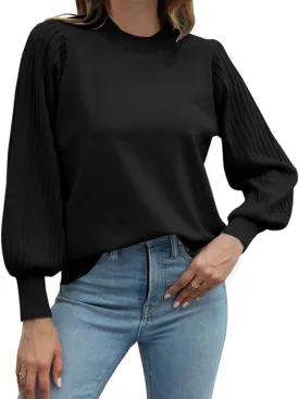 Ybenlow Women's 2024 Casual Crewneck Pleated Lantern Long Sleeve Pullover Sweater Loose Ribbed Knit Jumper Tops
