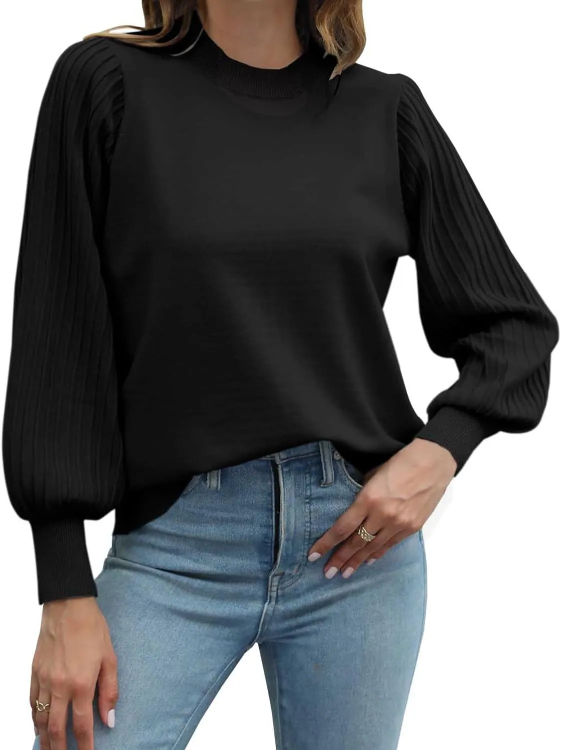 Ybenlow Women's 2024 Casual Crewneck Pleated Lantern Long Sleeve Pullover Sweater Loose Ribbed Knit Jumper Tops