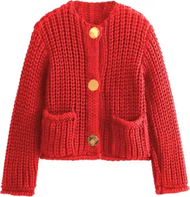 Yimoon Women's Cropped Cardigan Sweater Button Down Chunky Knit Sweater Long Sleeve Fall Open Front Cardigan