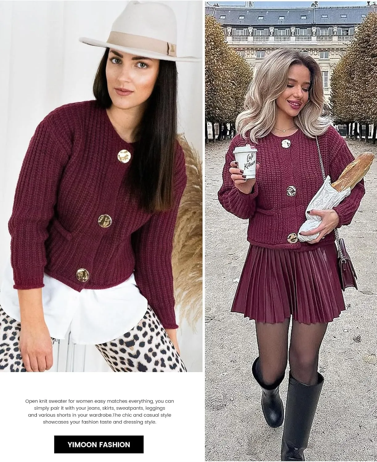 Yimoon Women's Cropped Cardigan Sweater Button Down Chunky Knit Sweater Long Sleeve Fall Open Front Cardigan