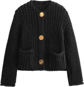 Yimoon Women's Cropped Cardigan Sweater Button Down Chunky Knit Sweater Long Sleeve Fall Open Front Cardigan