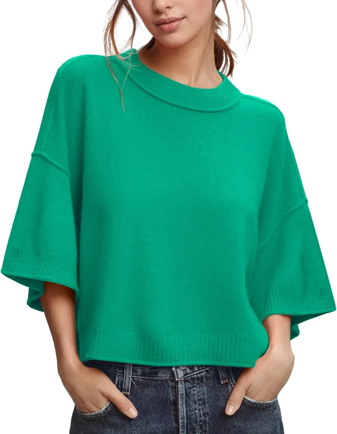 ZDC Women's Oversized Sweaters Summer 3/4 Sleeve Casual Cropped Tops Lightweight Loose Fit Knit Pullover Green