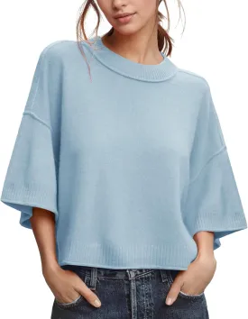 ZDC Women's Oversized Sweaters Summer 3/4 Sleeve Casual Cropped Tops Lightweight Loose Fit Knit Pullover