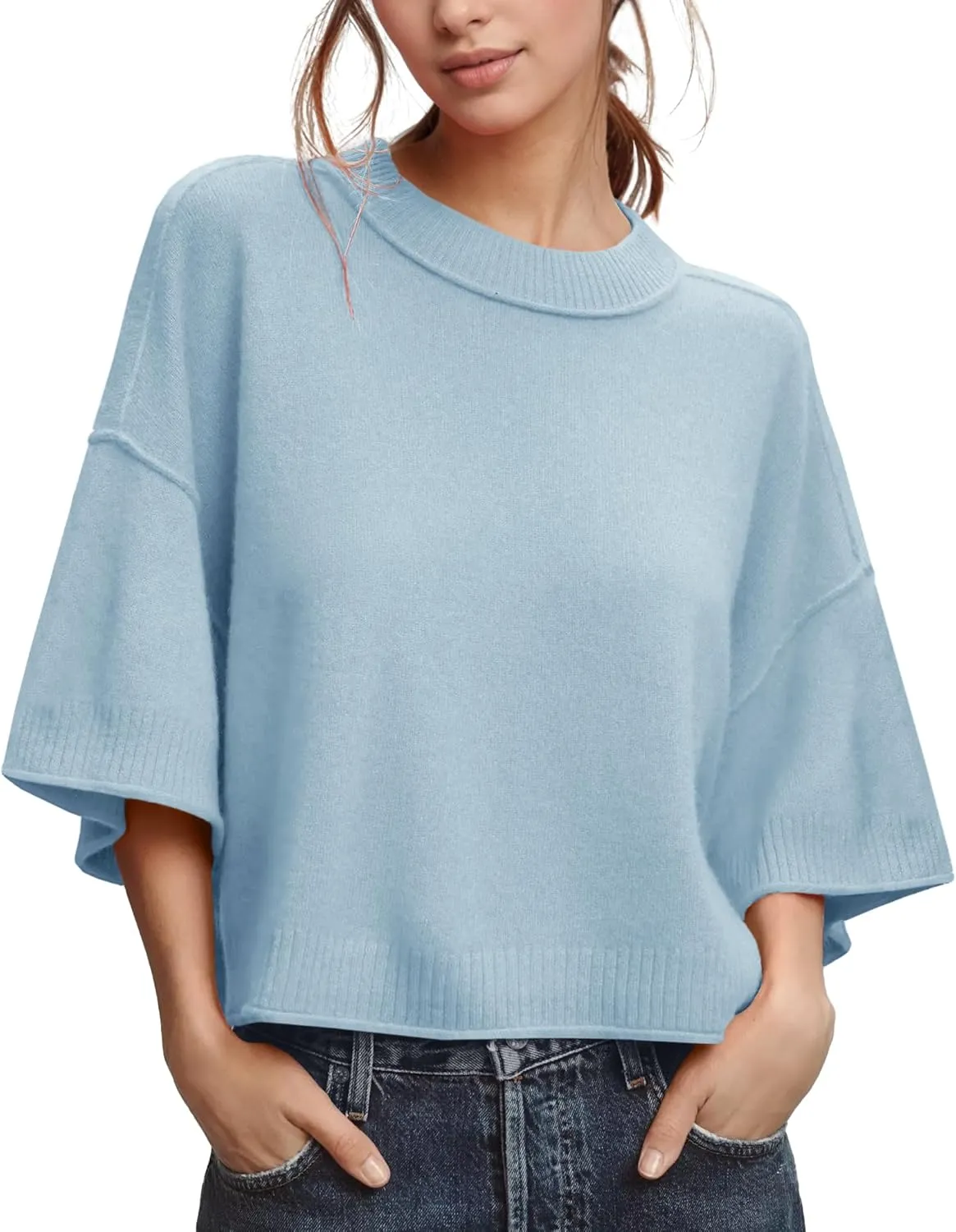 ZDC Women's Oversized Sweaters Summer 3/4 Sleeve Casual Cropped Tops Lightweight Loose Fit Knit Pullover