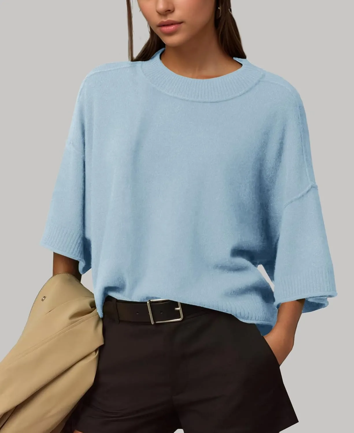 ZDC Women's Oversized Sweaters Summer 3/4 Sleeve Casual Cropped Tops Lightweight Loose Fit Knit Pullover