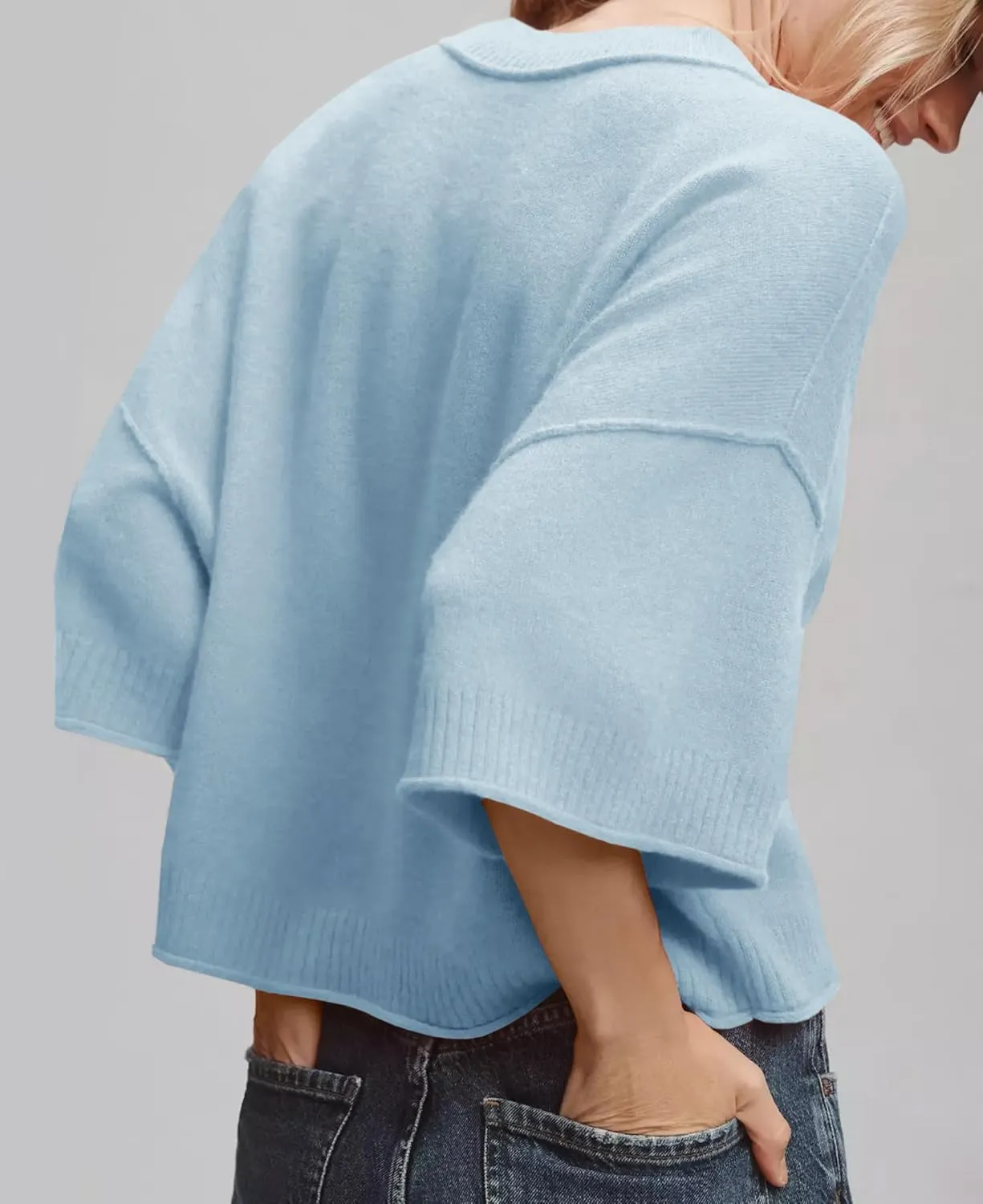 ZDC Women's Oversized Sweaters Summer 3/4 Sleeve Casual Cropped Tops Lightweight Loose Fit Knit Pullover